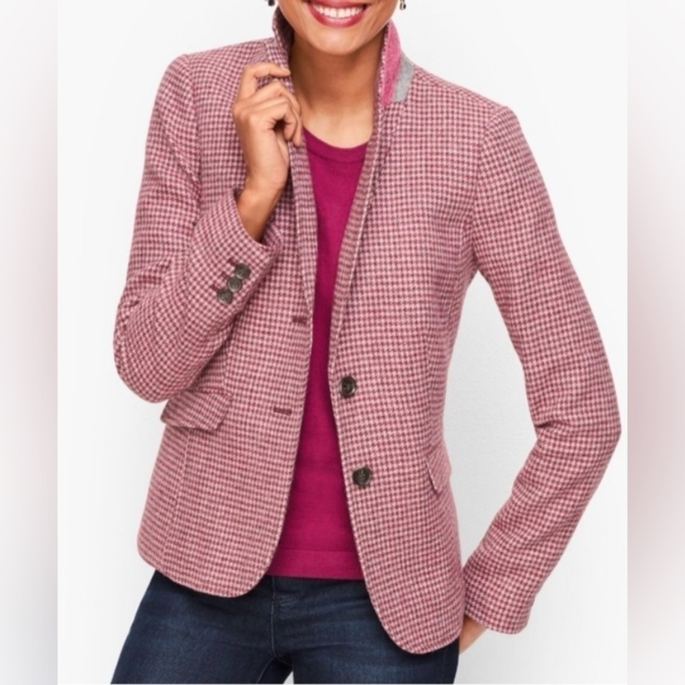 Talbots Pink Houndstooth Wool Laine Blend Blazer Size 14